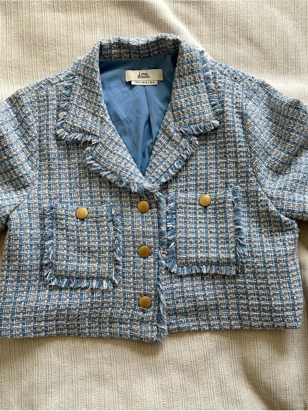 Love Bonito Blue Tweed Cropped Blazer